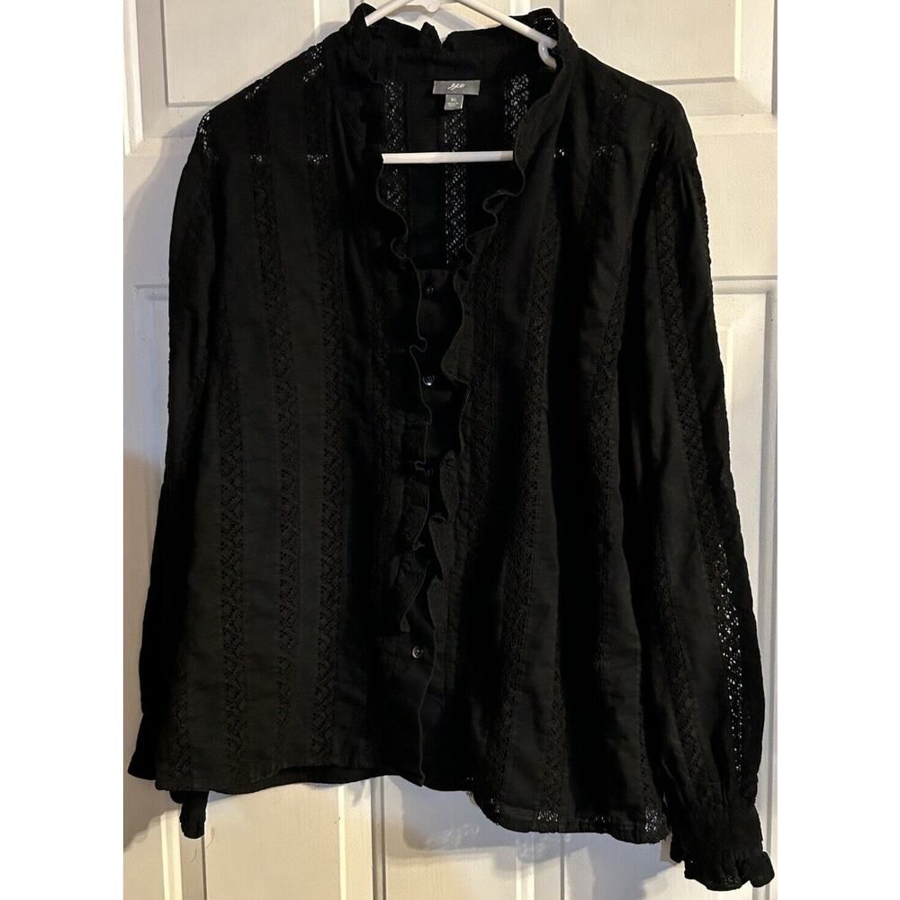 J JILL Women’s Long Sleeve Button Up Black Shirt Size XL Ruffles, See Thru Lace